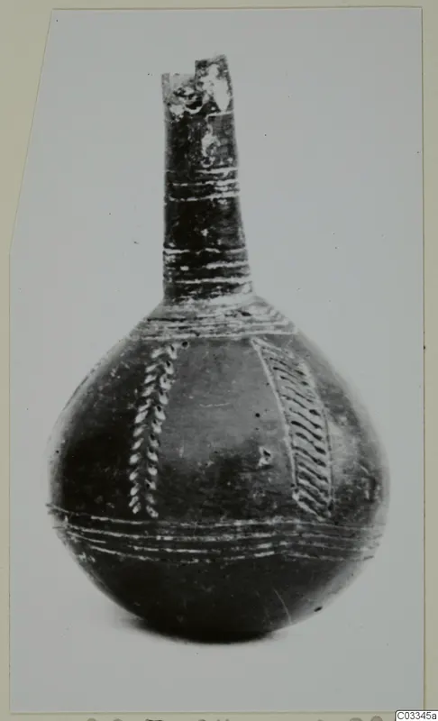 Black polished vessel with a tall narrow neck and light decorative bands, from Lapithos.