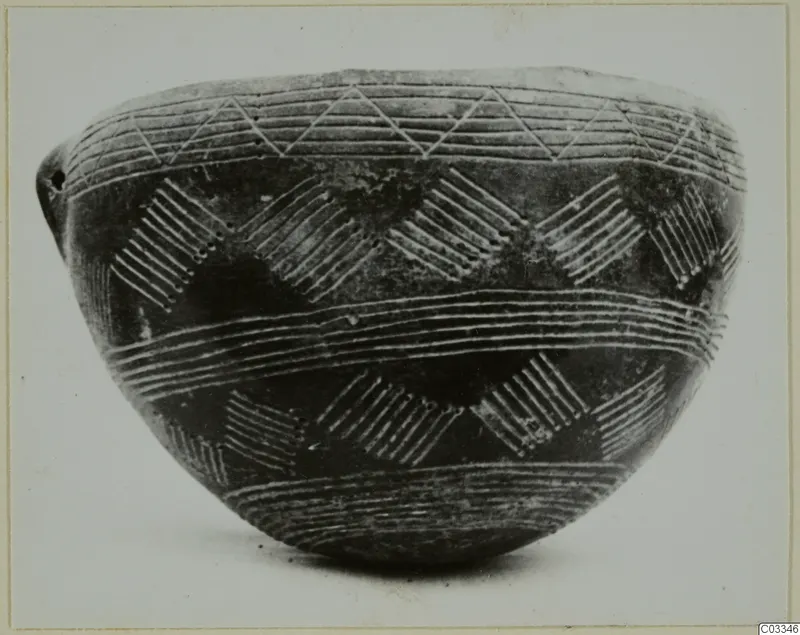 Pottery Red Polished II bowl with bands of lines and hatched diamond panels around its body