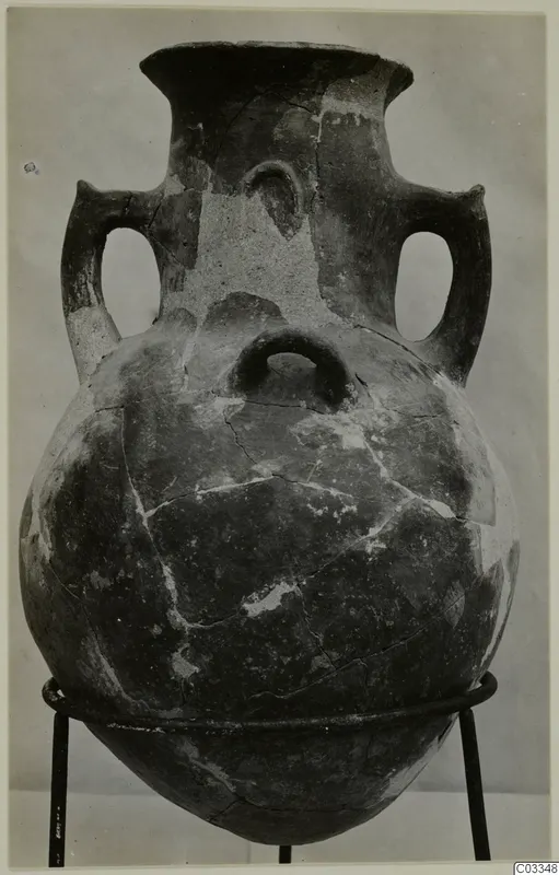 Two-handled amphora with a narrow neck and rounded body, standing on a metal ring stand, from Lapithos