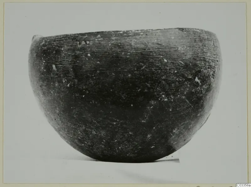 Rounded bowl with a wide mouth and dark, smooth surface with fine horizontal striations, photographed alone on a plain background
