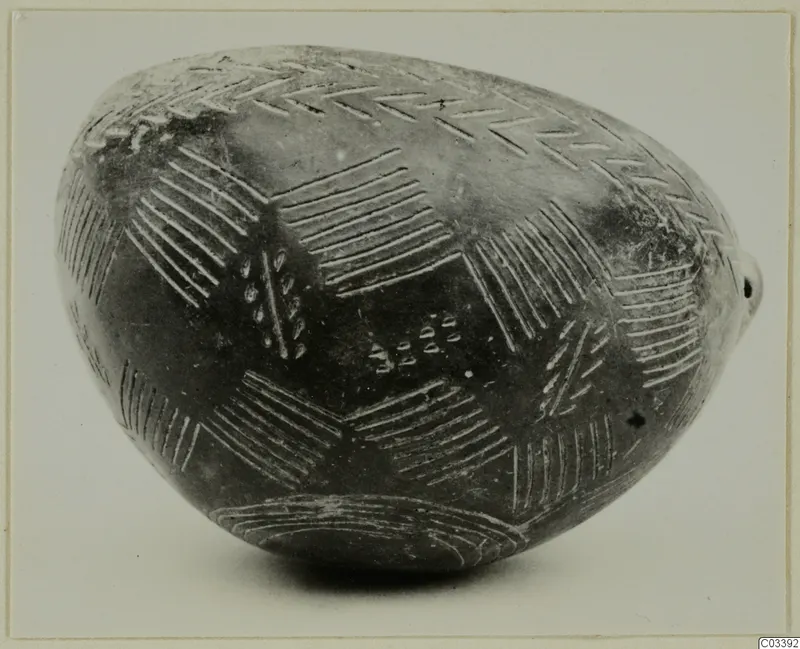 Pottery Red Polished II Bowl from Lapithos, with incised hatched and chevron decoration on a rounded body