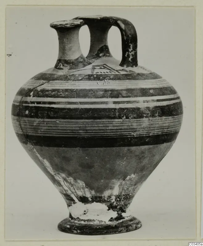 Pottery Levanto-Helladic Ware bowl-jar with painted horizontal bands, photographed against a plain background
