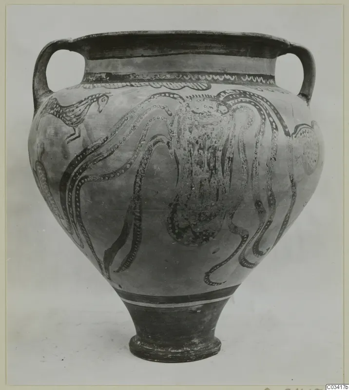 Two-handled pottery amphora-crater from Enkomi, painted with a large octopus and a bird.