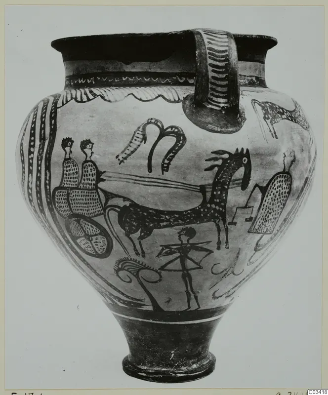 Pottery Levanto-Helladic Ware amphora-crater with painted figures, animals and a wheel