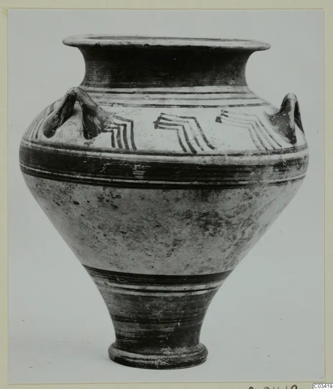 Bowl-jar in Levanto-Helladic Ware from Enkomi, with two handles and dark painted zigzag bands