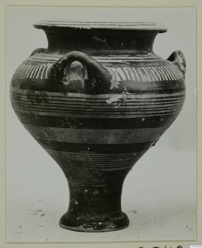 Levanto-Helladic ware bowl-jar from Enkomi with a dark surface and cream painted bands, seen from the side