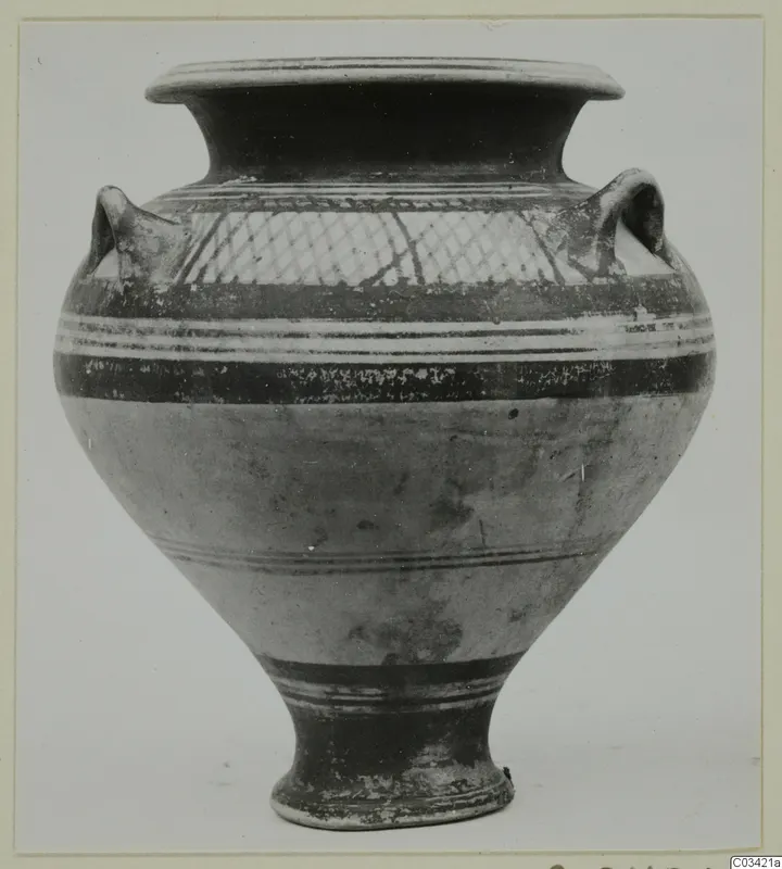 Pottery Levanto-Helladic Ware bowl-jar with two handles and a cross-hatched band on the shoulder
