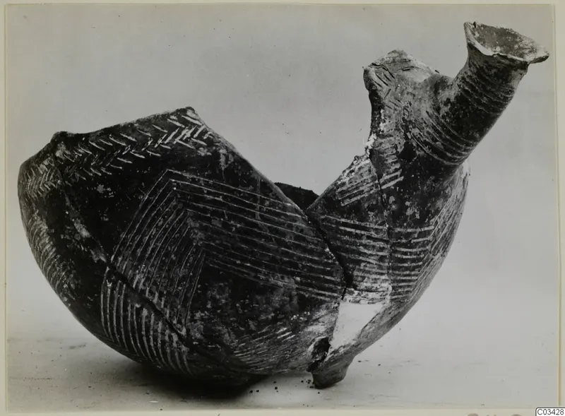 Dark pottery vessel with a tall flaring neck and incised line and chevron patterns, photographed alone