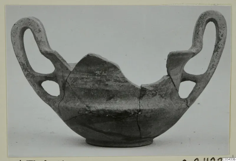 Broken pottery bowl with two large loop handles, shown against a plain grey background.