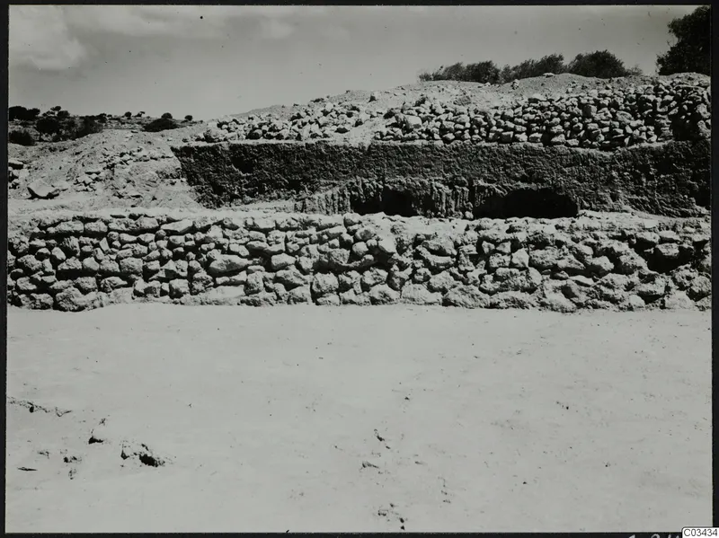 Temenos wall at Ayia Irini with a rubble-topped earth bank behind it, low hills and trees beyond