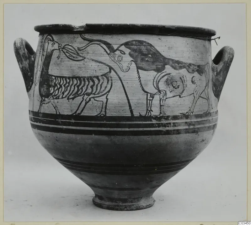 Pottery amphora-crater with two handles and two painted animals on the body