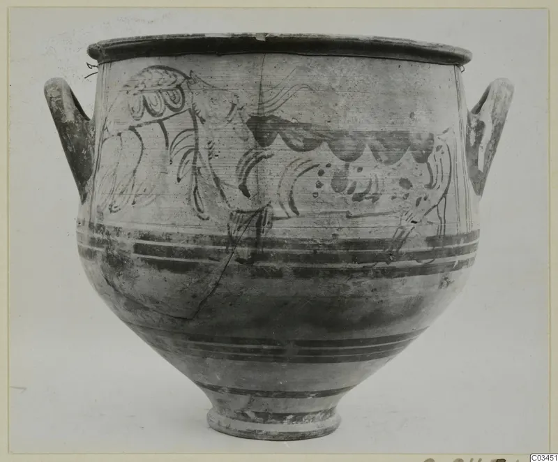 Levanto-Helladic Ware amphora-crater with two handles and dark painted bands and curving motifs