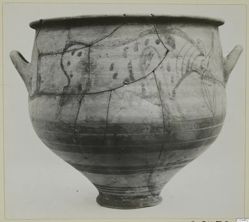 Pottery Levanto-Helladic Ware amphora-crater with two small handles, painted decoration and visible mended cracks