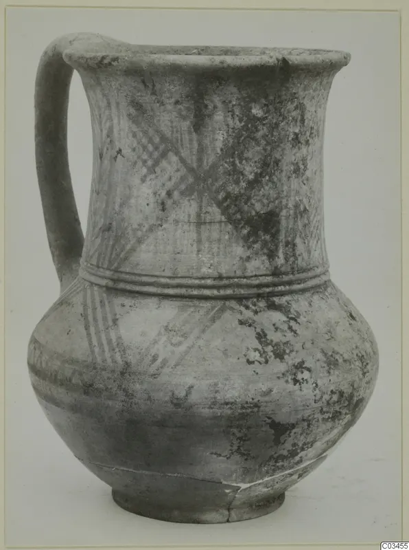 Jug with a single loop handle and painted diagonal hatching on the neck and shoulder, from Enkomi