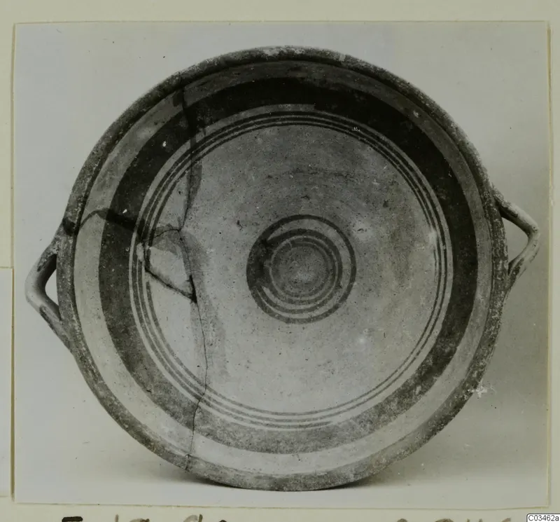 Bowl-jar with two loop handles and concentric painted circles inside, photographed from above.