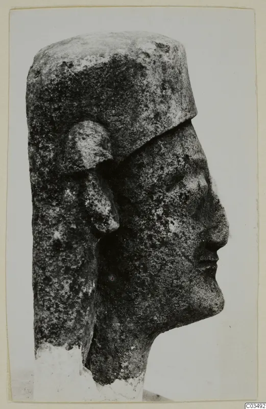 Limestone sculpture head in profile, facing right, with a flat cap-like top and a projecting ear, broken at the neck