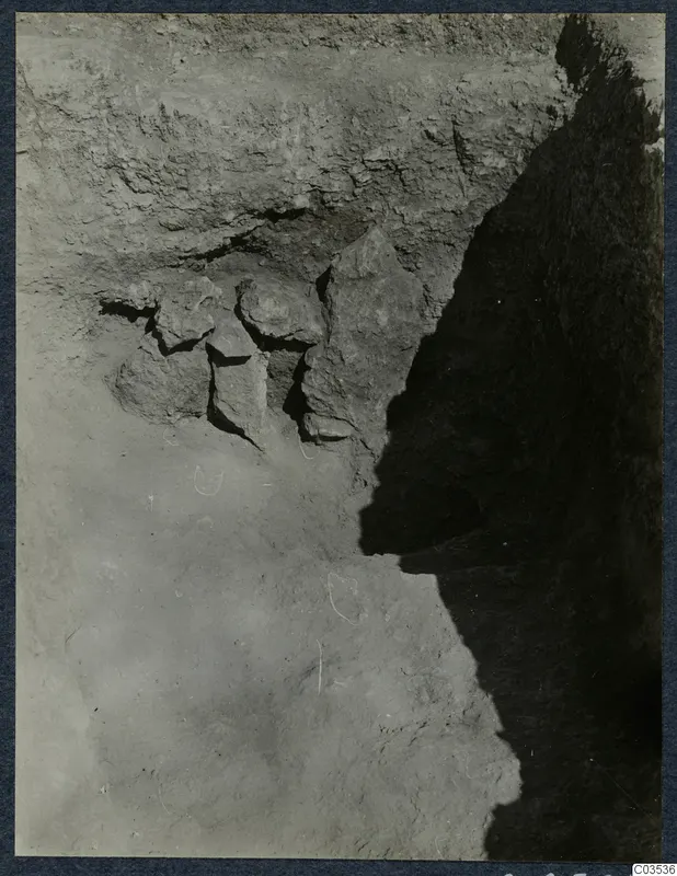 Excavation at Stylli showing a cluster of stones set into the soil face of a trench