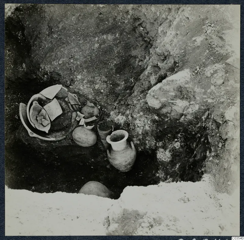 Excavation at Stylli with pottery vessels and broken sherds lying in the soil of a pit.