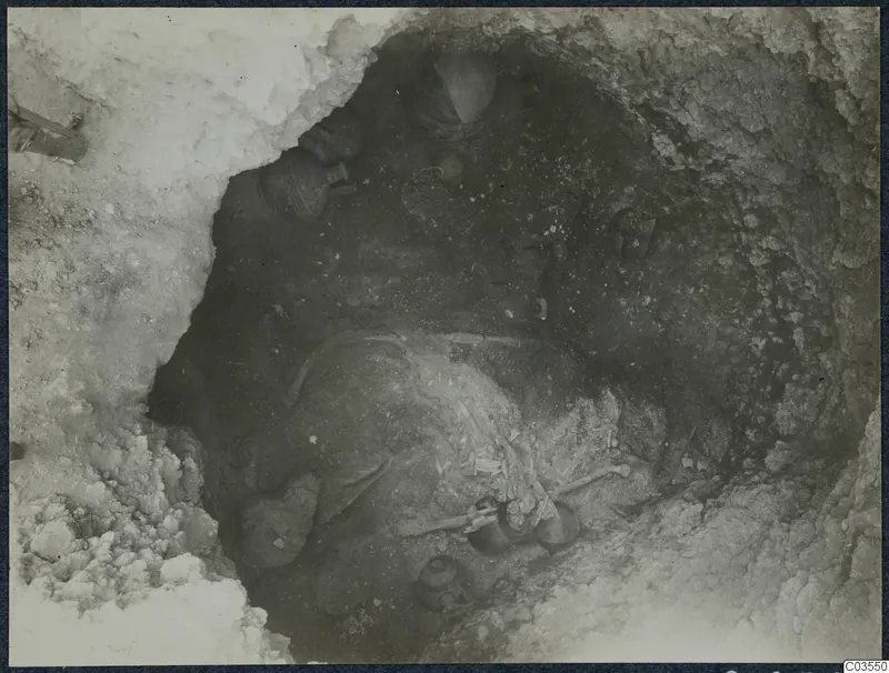 Excavation at Stylli: pottery vessels and bone fragments lying in an excavated pit, seen from above