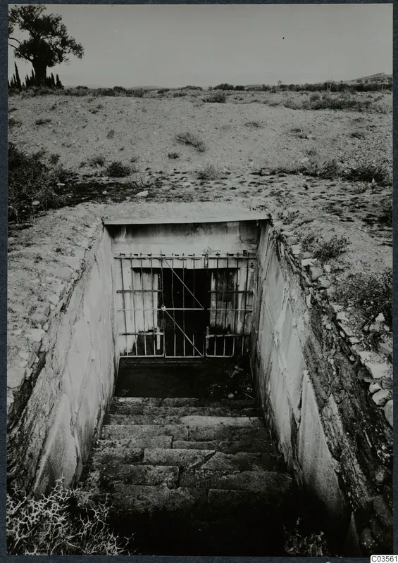 Stone-lined stepped passage leading down to a built tomb entrance closed by an iron grille, on a dry stony hillside
