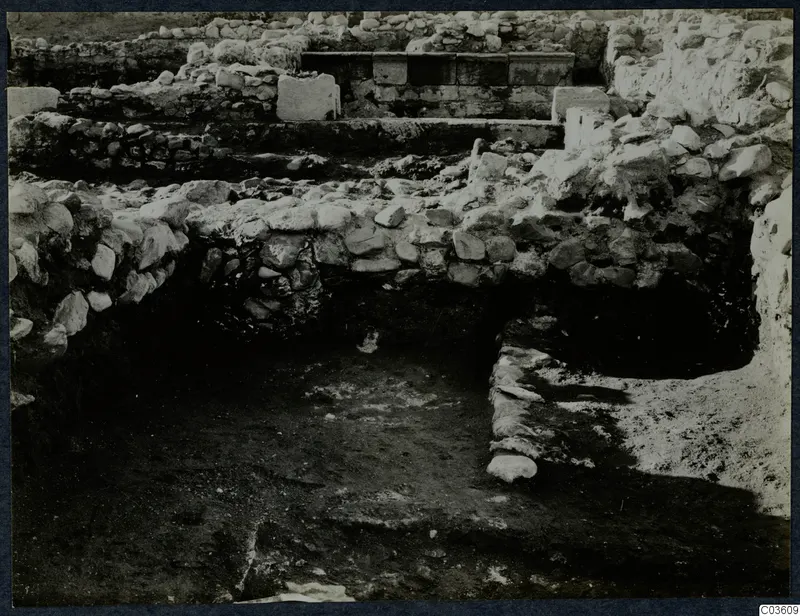Excavated stone walls and foundations at Soli, Cholades temples, seen from a trench