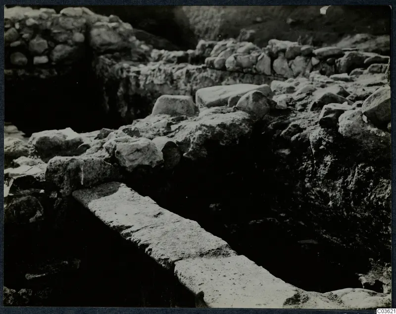 Excavated stone walls and a long stone slab at Cholades, Soli