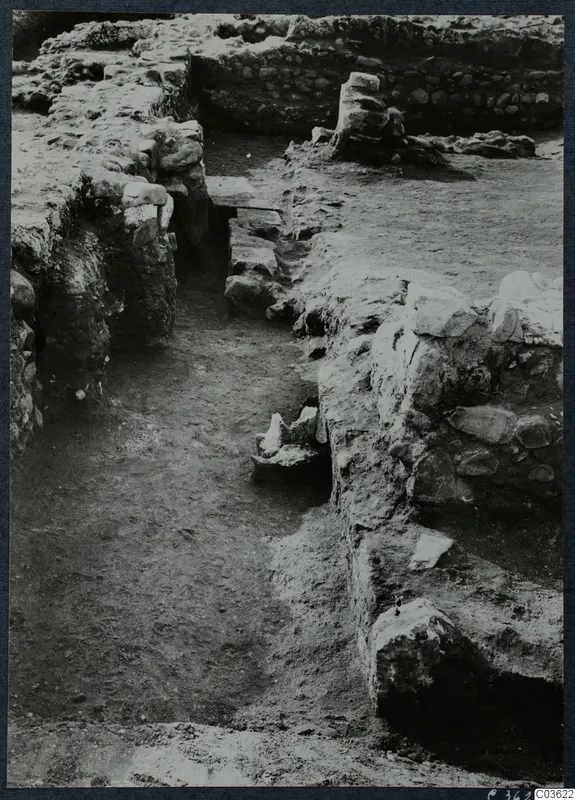 Excavated stone walls and a narrow trench at Soli, Cholades temples, seen from above.