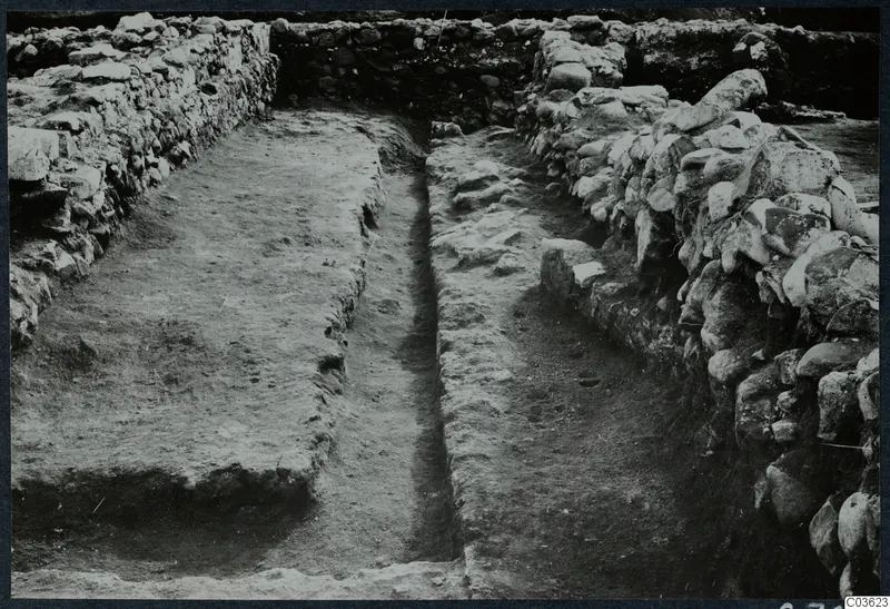 Excavation at Soli showing stone walls running along both sides of a trench with earthen surfaces between them.