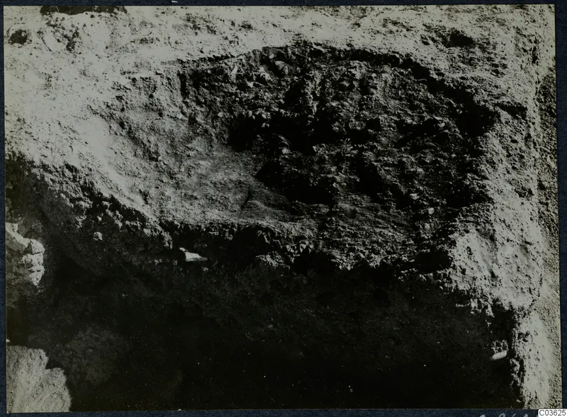 Excavation with stones at Cholades, Soli, showing a dark cut in pale excavated soil