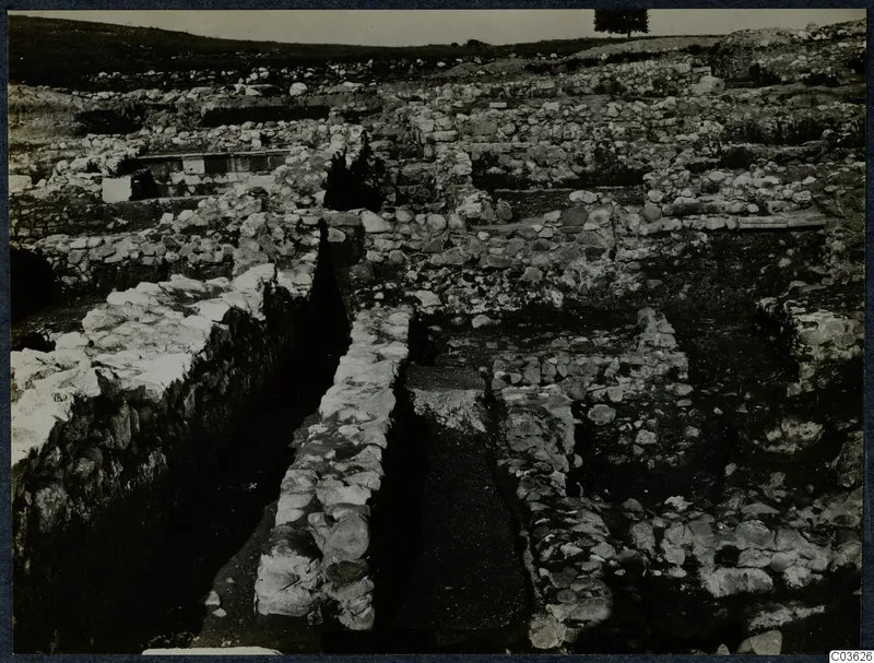 Excavated stone walls and foundations at Soli, Cholades temples, seen from above across a trench.