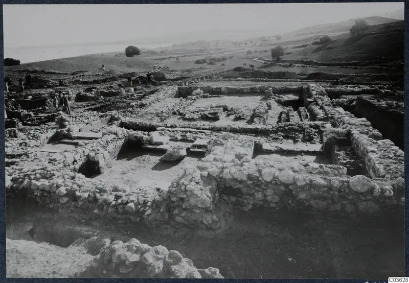 Temple E at Cholades, general view from the west, showing excavated stone walls and workers on the left