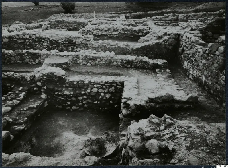 Excavated stone walls and foundations at Soli, Cholades temples, seen from above.