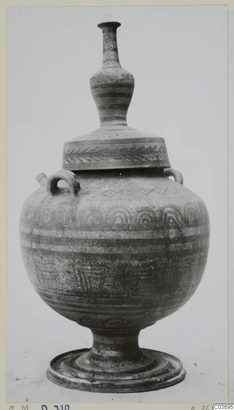 Lidded pedestal vessel with two loop handles and painted bands and patterns
