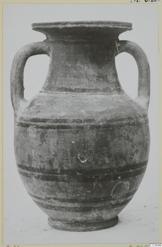 Pottery White Painted VII: a two-handled vessel with horizontal bands around the body