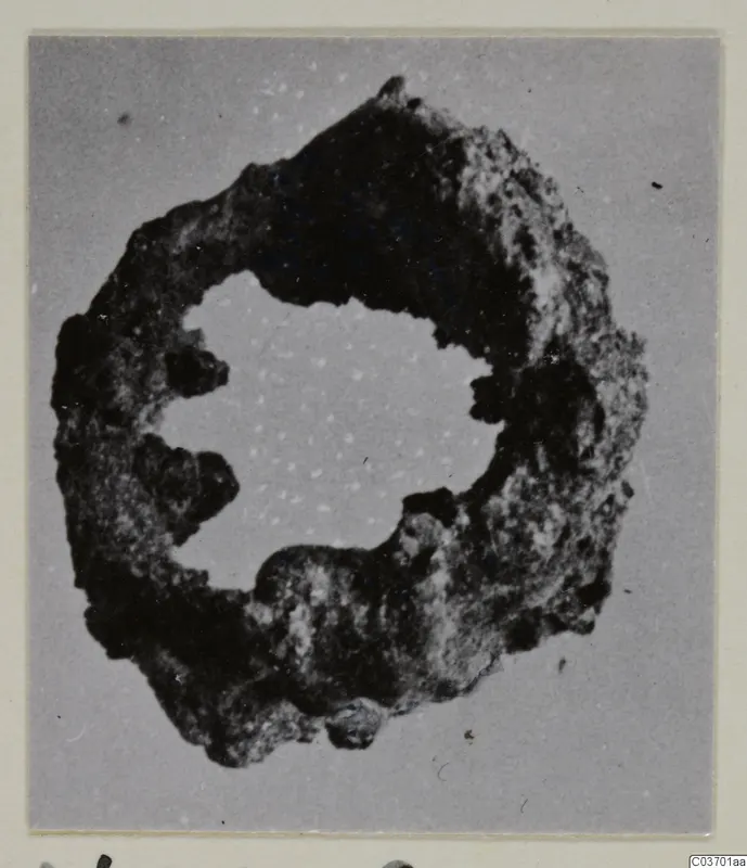 Corroded bronze ring, a personal adornment from the Vouni tombs, shown face-on on a mounted photograph card