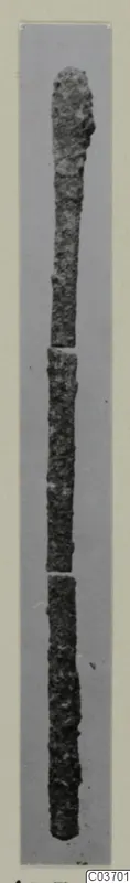Long thin corroded bronze rod-like object from Vouni, shown in three broken pieces against a grey background.