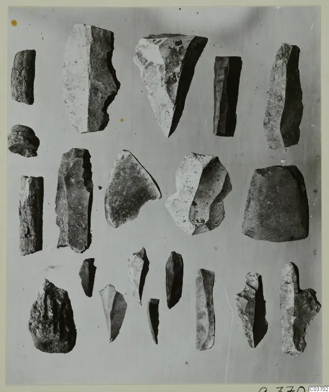 Worked stone pieces and flakes from Kythrea, laid out in rows on a grey background.