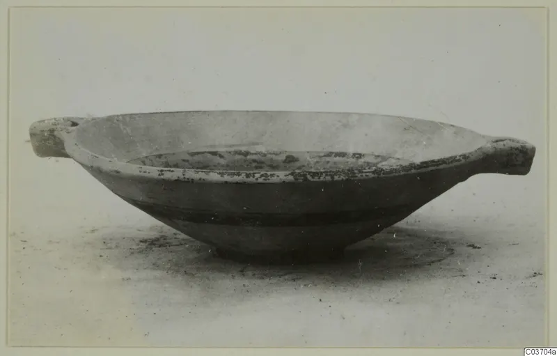 Pottery Levanto-Helladic Ware bowl-jar with two horizontal handles and a dark painted band around the body.