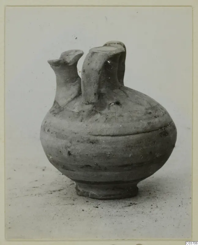 Pottery bowl-jar with two upright spouts, shown alone on a pale surface