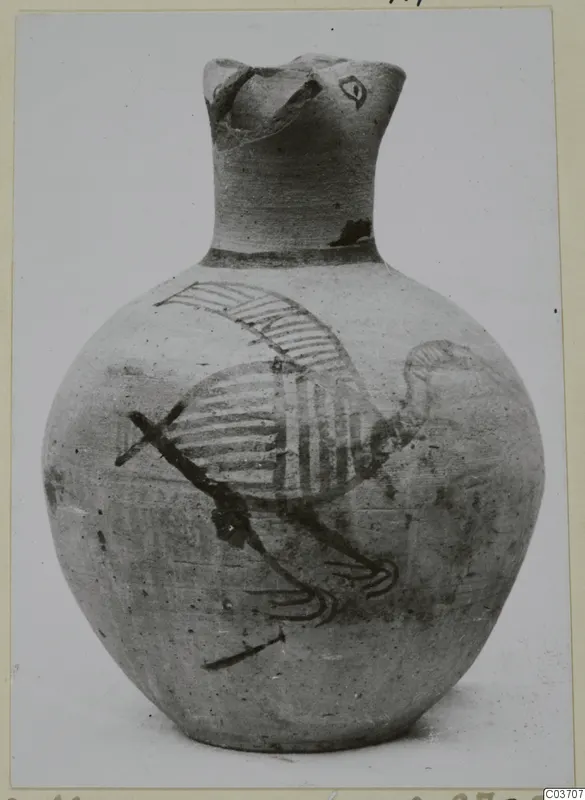 Painted pottery vessel with a bird-head neck and a striped painted bird on its round body