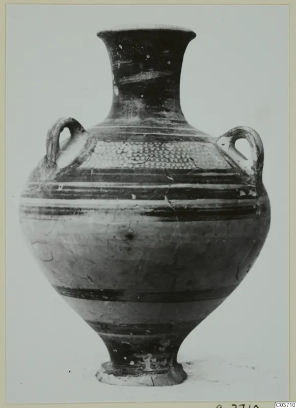 Levanto-Helladic ware bowl-jar from Enkomi with two handles, painted bands and stippled decoration on the shoulder