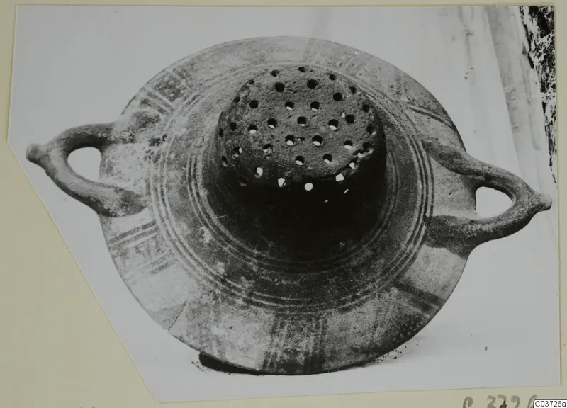 Pottery Bichrome II vessel with two handles, a perforated central top and painted bands around the body