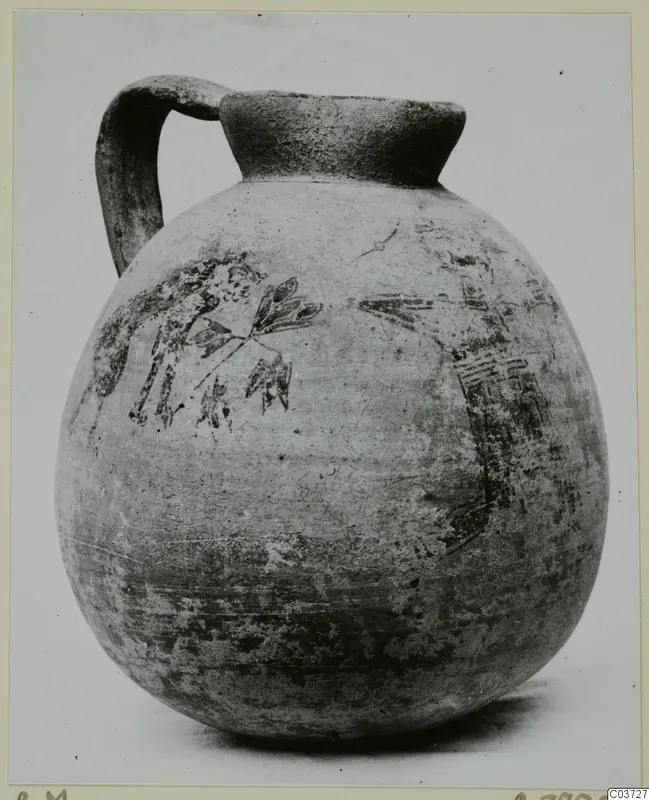 Round-bodied jug with a single handle and dark painted motifs of an animal and plant sprigs, Pottery Bichrome IV