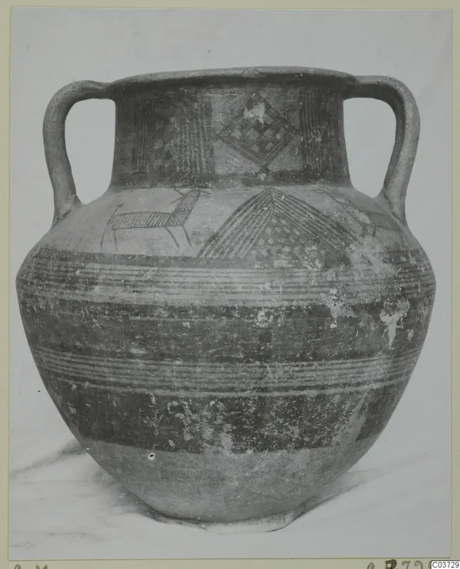 Two-handled painted jar with horizontal bands, a striding animal and hatched motifs