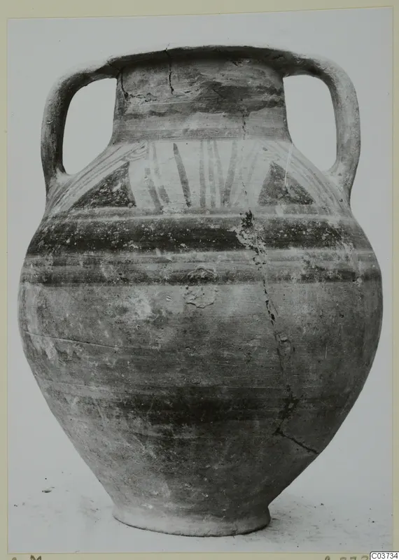 Two-handled painted pottery vessel, Bichrome IV amphora-crater, with dark horizontal bands and vertical stripes on the shoulder