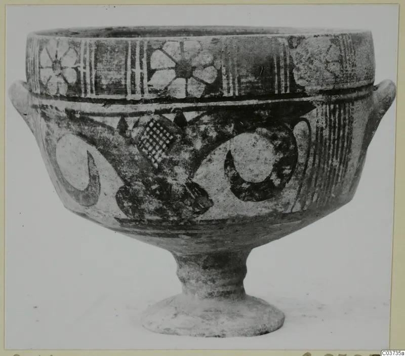 Painted pottery pedestal bowl with side handles, Bichrome IV type, decorated with flowers, scrolls and checkered panels