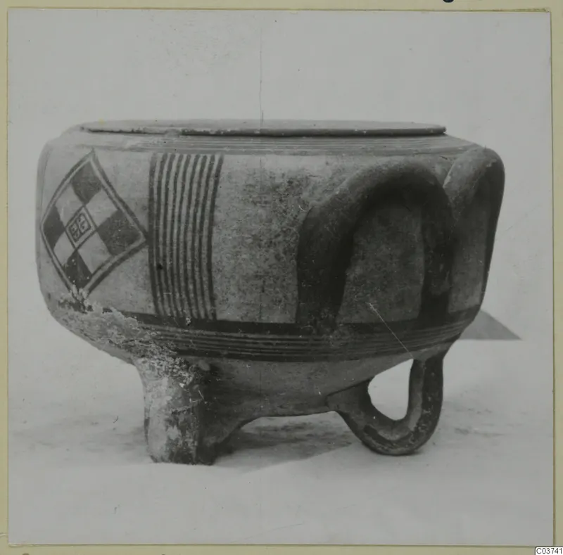 White Painted III-1 pottery vessel with loop handles and painted checkerboard and stripe patterns