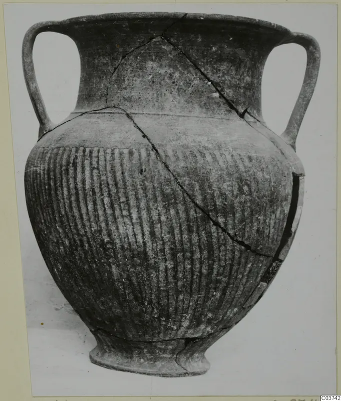 Two-handled Black Slip ware jar with closely spaced vertical grooves on its body