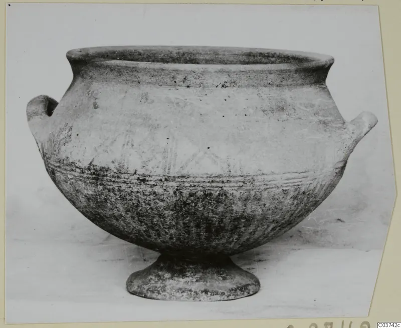 Pottery Black Slip Painted vessel with two small handles and a low foot, photographed in side view