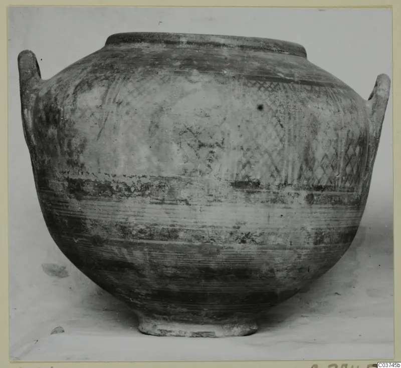Large two-handled pottery vessel with cross-hatched and banded decoration, shown against a pale background